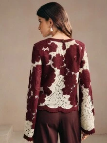 Anewsta Áo len dài tay cổ tròn họa tiết hoa thường ngày cho nữ, mùa thu - Màu Đỏ Sâu - Xem 2