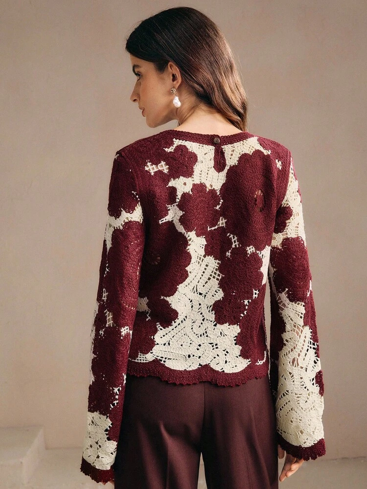 Women's Floral Pattern Crew Neck Long Sleeve Casual Sweater, Autumn