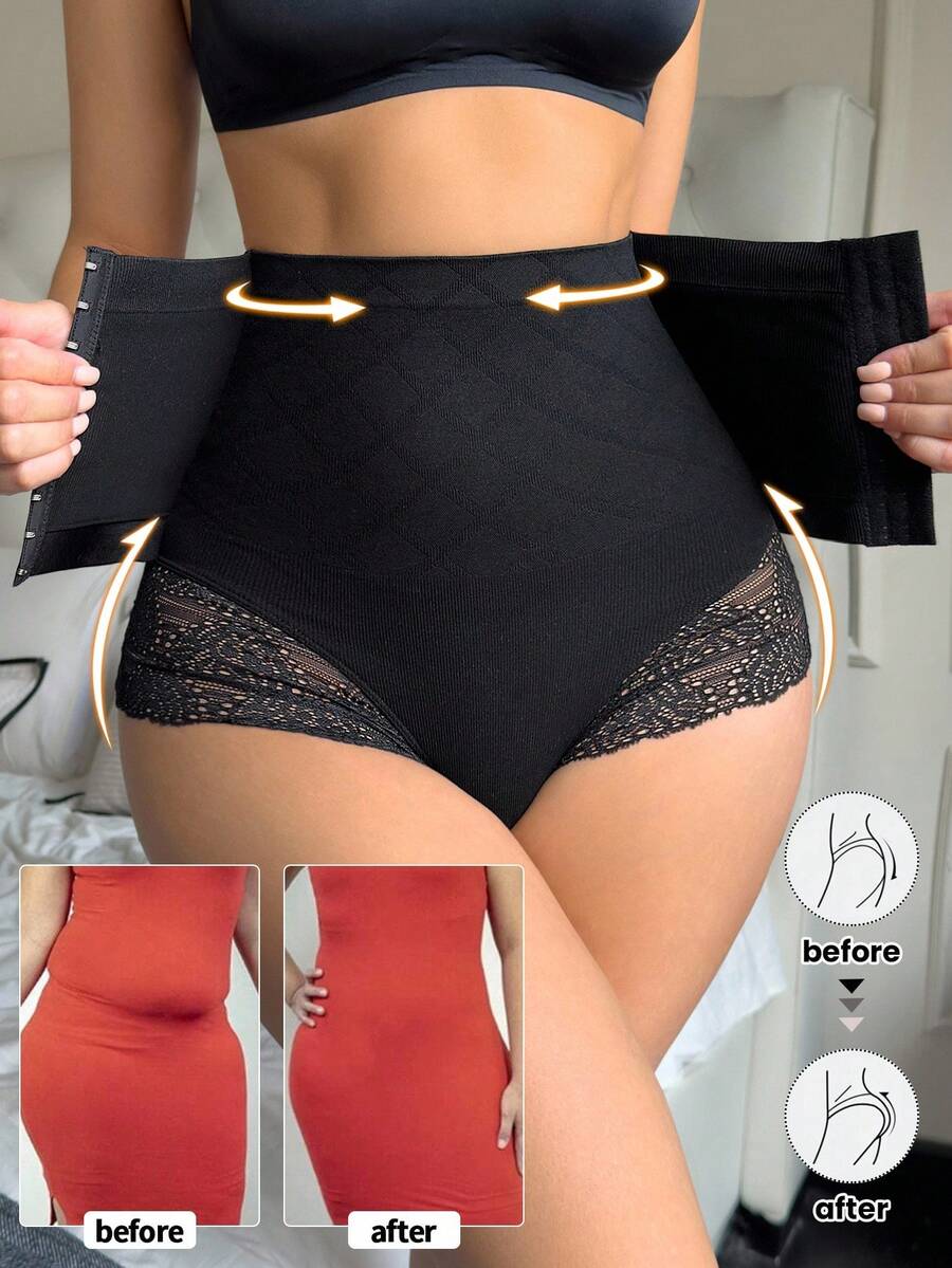 SHEIN 1 pieza Pantalones cortos moldeadores de cintura alta con parches de encaje para mujer, shorts cómodos y moldeadores