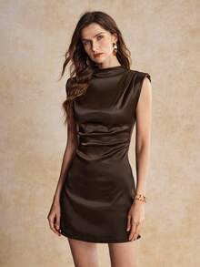 House of One Mini Draped Mock Neck Solid Satin Dress With Shoulder Pads Women Summer Autumn Elegant Dress