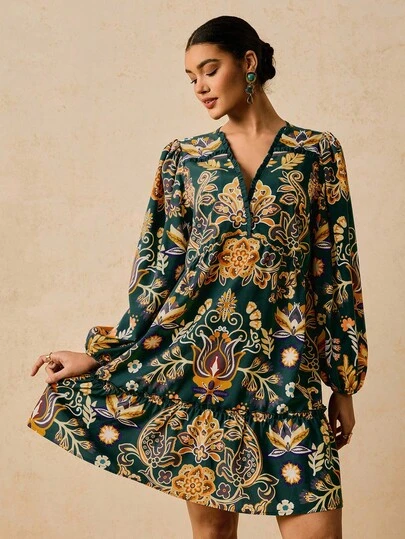 Travachic Plus Size Women's Green Print Vacation Dress, V-Neck Long Sleeve Short Dress, Autumn Dress  Paisley Dress Boho Dress For Women Tunic Dress Floral Dress Flowy Dress Fall Autumn Women Christmas Party Dress Elegant Dresses Green Dress Country Concert Outfit  Wedding Guest Dress