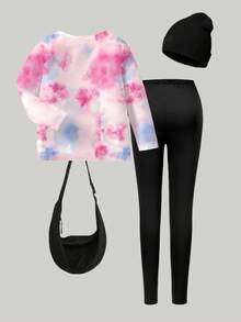 SHEIN 2 件套幼儿女童休闲卡通蓝色兔子扎染数码印花圆领长袖 T 恤和紧身裤套装，可爱返校秋季服装 - 彩色 - 查看 3