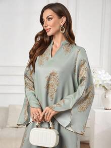 Al Najma 女士优雅印花长袖阿拉伯风格连衣裙 - 彩色 - 查看 6