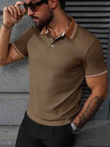 Manfinity Bizformal Men's Contrast Color Half-Placket Regular Fit Short Sleeve Casual Polo Shirt, Summer Mens Brown Polo Shirt Brown Casual Polo Mens Textured Polo Shirt Tan Polo Shirt Men Brown Polo Shirt Men