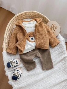 3 件套新生女婴可爱百搭运动衫、毛绒夹克和裤子套装，秋冬 - 彩色 - 查看 7