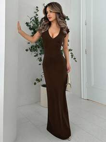 Jemour 节日情人节新款女式优雅性感百搭修身黑色长裙，深 V 领，披肩袖，腰带设计 - 咖啡 - 查看 5