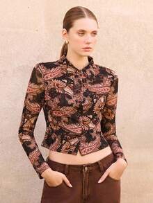 lacRébo Braunes Vintage-Stil Paisley-Muster Mesh Langarm Knopfverschluss Oberteil Frühling Sommer Ausgehshirt Chic Frühling - Verschiedenfarbig - Übersicht 3