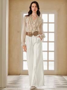 SHEIN Unity Pantaloni eleganti, romantici e alla moda per le donne, con design di orlo sfrangiato e gamba dritta, abiti adatti per il Capodanno - Bianco - Visualizzare 1