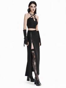 Breakform Váy ôm sát cơ thể cạp cao, xẻ tà cao, dài đến mắt cá chân, phong cách Gothic dành cho nữ, màu trơn, kim loại, có thể điều chỉnh được - màu đen - Xem 6