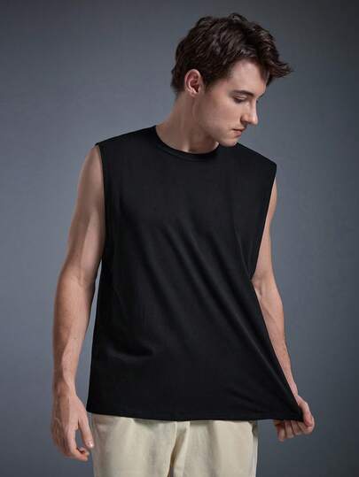  DRIFTMERE 2025 新款男士夏季纯色圆领无袖休闲嘻哈宽肩带背心，春夏款，无缝舒适，适合健身房锻炼，运动休闲风格，运动时尚，适合春夏穿着。