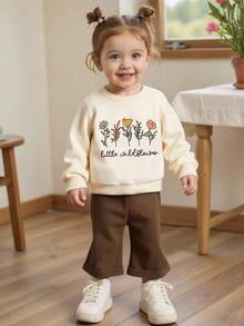 SHEIN Vintaside Kids 2 piezas Conjunto de niña, sudadera de cuello redondo de manga larga con estampado floral y de letras y pantalones acampanados con estampado de conejo, lindo y casual para salidas de otoño/invierno - Multicolor - Ver 4