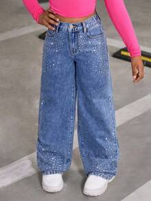 SHEIN Explorewe Tween Girls 新款时尚 Y2K 水钻耀眼宽腿宽松牛仔裤，适合日常休闲城市散步和户外穿着 - 中等水洗藍 - 查看 3