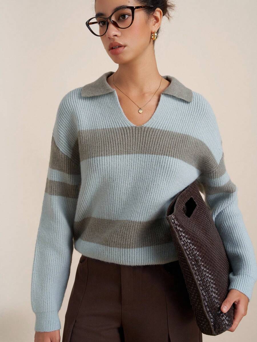 Airaco Suéter de punto con cuello polo a rayas, diseño corto único - verde menta - Ver 1