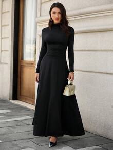 EMERY ROSE Bộ 2 áo thun dài tay cổ đứng thanh lịch cho nữ và chân váy dài dệt kim, Thu/Đông - màu đen - Xem 1