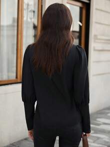 EMERY ROSE 女士休闲泡泡袖金属拉链设计衬衫，适合秋季 - 黑色 - 查看 2