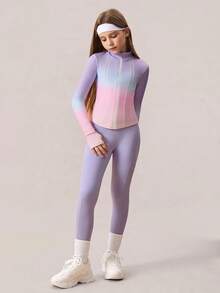 SHEIN Conjunto de 2 piezas para niñas preadolescentes: chaqueta de manga larga con bloque de color degradado y pantalones de yoga ajustados, conjunto de ropa deportiva con estiramiento en 4 direcciones para pilates, fitness y deportes al aire libre - Multicolor - Ver 4