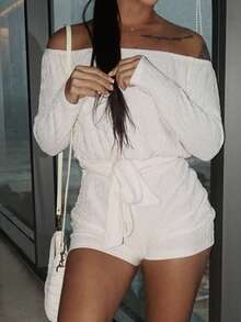 SAYEHFBABY Nuevo mono de punto de mujer de talle alto, de manga larga con hombro descubierto, de corte holgado en la Top y ajustado en la Bottom, con tirantes en la cintura y rayas verticales naranjas, para primavera y verano