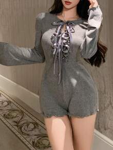 DAZY 女士针织蝴蝶结连体睡衣，家居服，秋季保暖睡衣，舒适套装