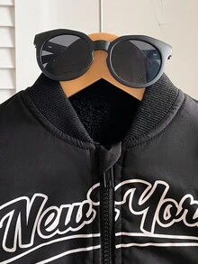 SHEIN 1pc Baby Boys Casual Black Woven Fabric White Letter Print Zip-Up Baseball Collar Long Sleeve Lightweight Jacket, Showcasing Style For Toddler Boys, Suitable For Back To School, Daily Outings And Leisure Activities Baby Boy Jacket Baby Black Jacket Baby Zip Up Jacket Baby Boy Bomber Jacket Toddler Zip Up Jacket Baby Boy Zip Up Jacket Boys Black Jacket Baby Bomber Jacket Baby Jacket Fall Winter - Black - View 9