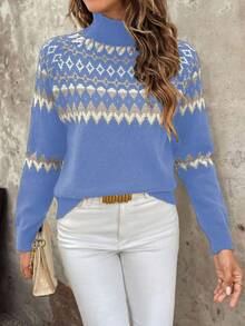 EMERY ROSE Áo len dài tay cổ cao dáng rộng thoải mái cho nữ (Họa tiết Argyle ngẫu nhiên), Thu/Đông - Màu xanh lam - Xem 6