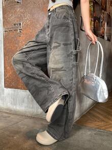 DAZY 女士水印休闲宽松牛仔裤，韩版街头风低腰牛仔裤 - 深灰色 - 查看 8