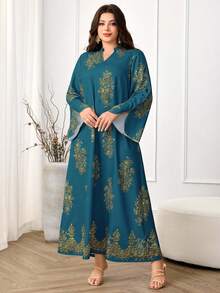 Al Najma 大码女式阿拉伯风格休闲连衣裙，简约时尚，适合日常穿着 - 藍色 - 查看 3