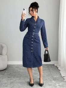 Elenzga Fashionable Commuter Textured Front Button Denim Dress - Dark Wash - View 3