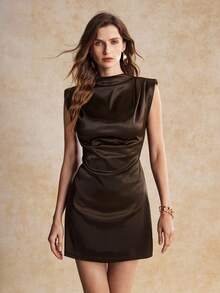 House of One Mini Draped Mock Neck Solid Satin Dress With Shoulder Pads Women Summer Autumn Elegant Dress