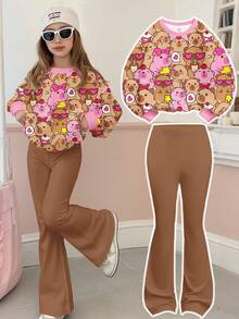 SHEIN Leap Crew Cute & Fun Capybara Cartoon Animal Print, Pink & Mauve Color Scheme, Tween Girls Casual Thick Soft Oversized Crew Neck Sweatshirt And Flare Leg Pants Set, Suitable For Autumn/Winter, Autumn Outfits For, Easy Comfort, Autumn Layers For Kids, Stylish Girls, Casual Wear, Kids Graphic Clothes, Back To School, Fall Clothes, Homecoming, Suitable For Outdoor Picnic, Street Style, Home, Campus - Multicolor - View 1
