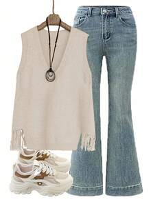 Franclia 2024秋冬新款V领流苏下摆黄/姜针织女毛衣背心，休闲时尚 - 杏色 - 查看 1