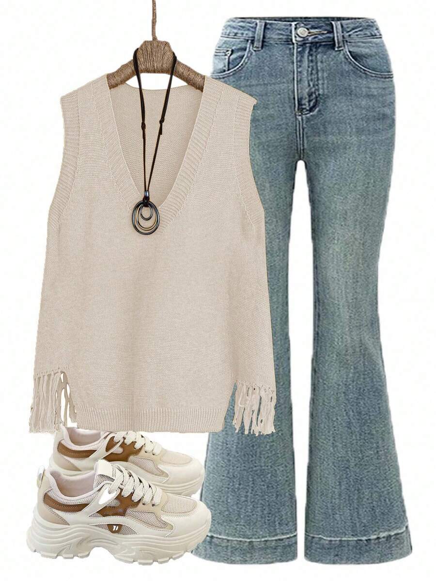 Franclia 2024秋冬新款V领流苏下摆黄/姜针织女毛衣背心，休闲时尚 - 杏色 - 查看 1