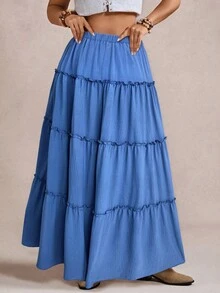 Freevana Plus Size Casual Solid Color Layered Ruffle Hem A-Line Skirt, Suitable For Everyday Wear - Blue - View 3