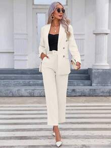 EURMUSE Bộ quần dài tay và áo blazer tối giản mặc hàng ngày cho nữ - trắng - Xem 4