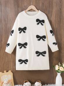 SHEIN Vestido suéter feminino 1 peça, estilo fofo, estampa jacquard com laço preto, gola redonda, manga regular, punho e bainha franzidos, espessura regular, vestido de malha elegante na cor marfim, caimento elegante e elegante, adequado para primavera, outono e inverno