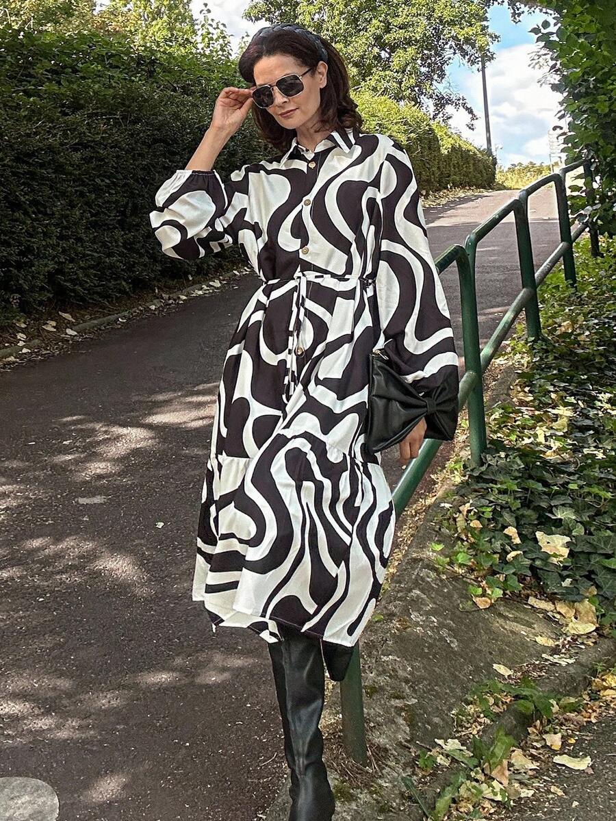Livesso Vestido de longitud media con cintura ceñida y estampado de cebra para mujer - Blanco y Negro - Ver 1