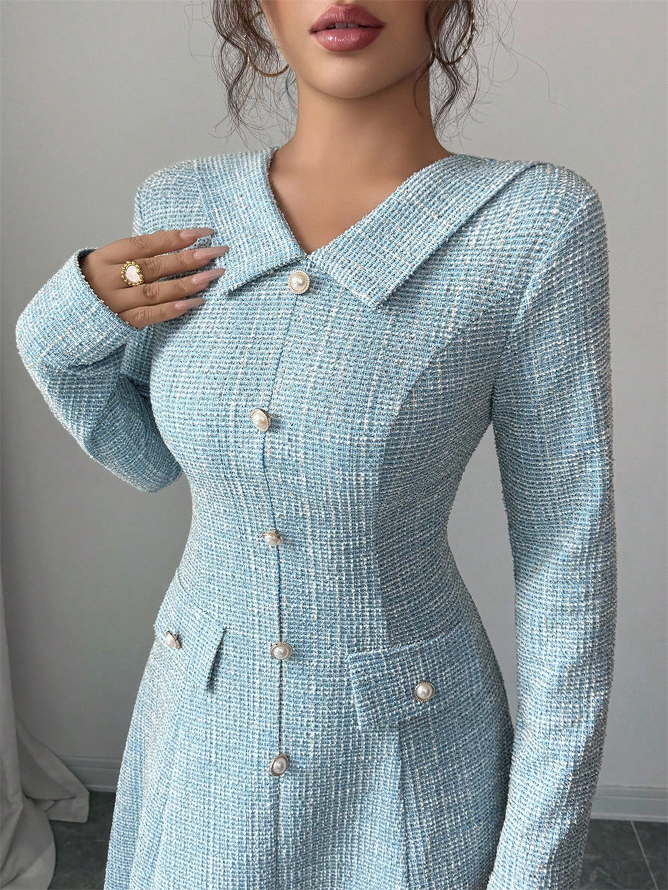 Elenzga فستان نسائي أنيق بياقة مكشكشة على شكل حرف...