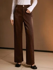 MOTF PREMIUM 秋冬PU皮革喇叭裤 - 咖啡棕 - 查看 4