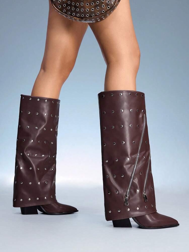 CUCCOO GRLICON Women's Black Patchwork Tall Boots, Western Style Stacked Heel Pointed Toe Boots, Suitable For Party, Christmas, Halloween, Y2K Fashion