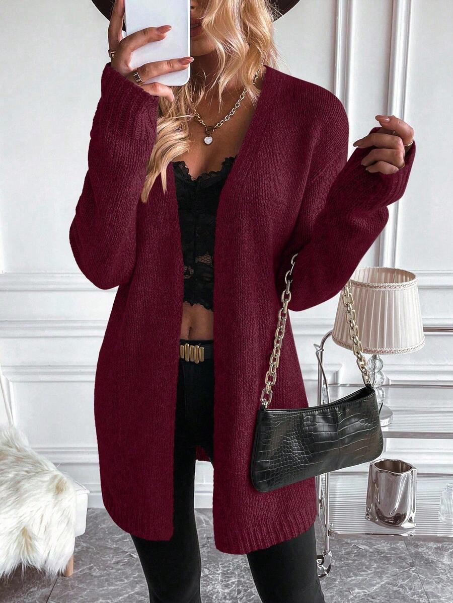 EMERY ROSE Cárdigan largo de manga larga con hombros caídos y unicolor para mujer, otoño - Burdeos - Ver 1