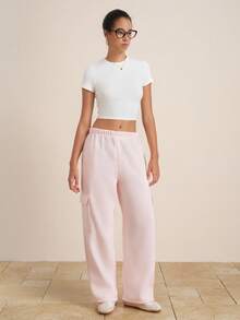 INAWLY Calça feminina lisa com cintura elástica e bolso cargo, reta e solta, casual - Damasco - Ver 3