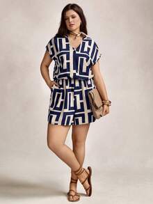 Zelara 加大码夏季海军蓝连体裤，带不对称几何印花，母亲节礼物，女士航海休闲装，沿海航海装，海军蓝连体裤，女士防晒连体裤