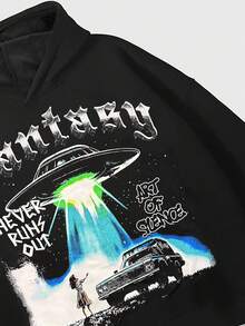 ROMWE MEN Street Life 男士休闲印花长袖连帽运动衫，秋季 - 黑色 - 查看 4