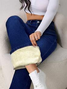 SHEIN Tall Women's Jeans Casual Tight Elastic Flared Pants Black Velvet Jeans Winter Jeans Thermal Denim Teddy Denim Teddy Thermal Fuzzy Fleece Teddy Leggings Women Jeans Black Jeans Fleece Winter Women Clothes Thermal - Medium Wash - View 3