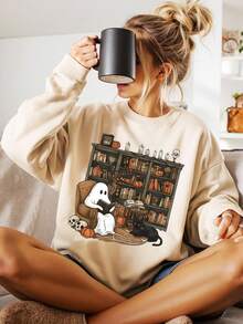 EMERY ROSE Moletom Retrô com Fantasma Lendo, Moletom de Halloween para Bibliotecária Fantasma, Moletom de Halloween para Professor, Camisa de Halloween para Amantes de Livros, Camisa de Livro com Fantasma, Moletom Gola Redonda Plus Size para Mulheres
