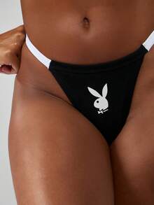 Missguided x Playboy 复古兔子印花高腰丁字裤比基尼三角裤，配撞色白色松紧带棉混纺内衣日常舒适无缝女士下装 - 黑與白 - 查看 4