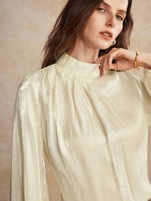 House of One Turtleneck Draped Bishop Sleeves Shiny Top Women Spring Autumn Casual Elegant Wear