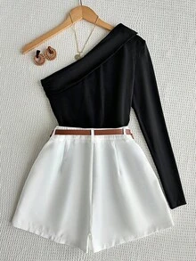 Franclia 1 set femei moda casual plisată mânecă lungă Slim Fit top + simplu versatil pantaloni scurți noi costum - alb - Vizualizare 2