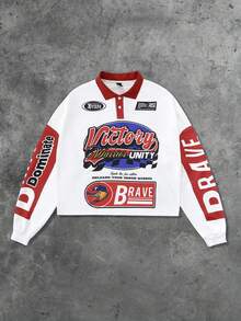 ROMWE MEN Street Life Camicia polo casual a maniche lunghe con stampa slogan, vestibilità ampia, adatta per l'autunno