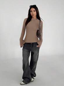 SHEIN Unity Áo len ôm cổ tròn tay loe màu trơn thời trang dành cho nữ, mùa thu - Lạc đà - Xem 7