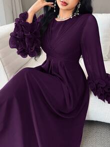 Modelyn Women's Solid Color Round Neck 3D Floral Cuff Elegant Arabic Dress